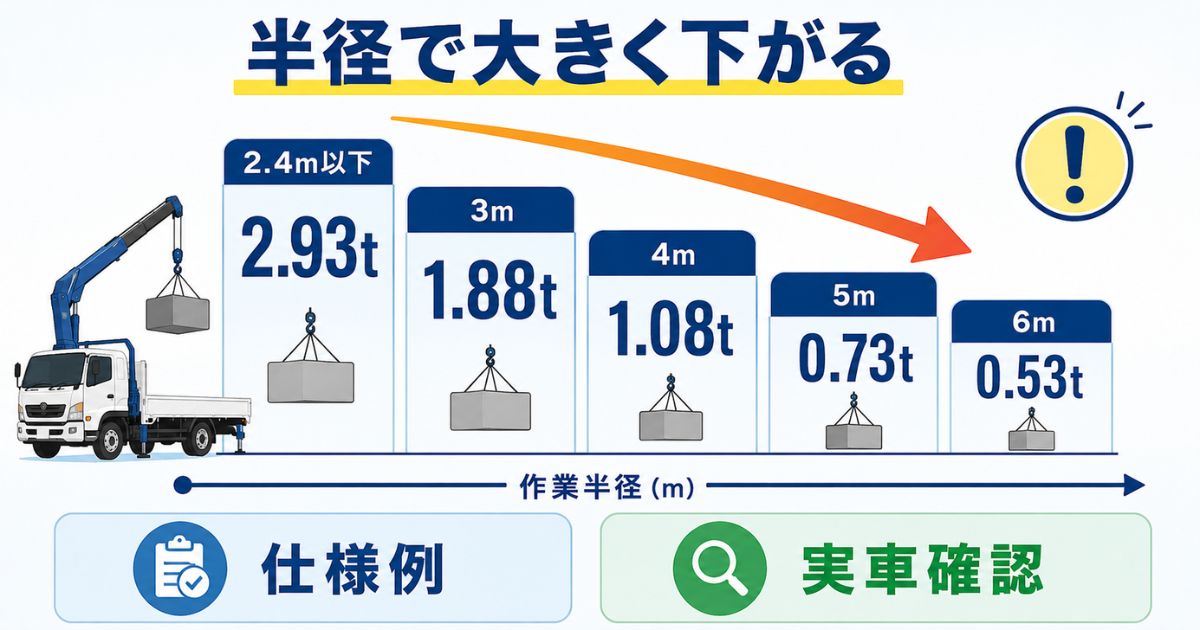 4tユニックの吊り上げ荷重が作業半径によって大きく下がる数値例を示す図解