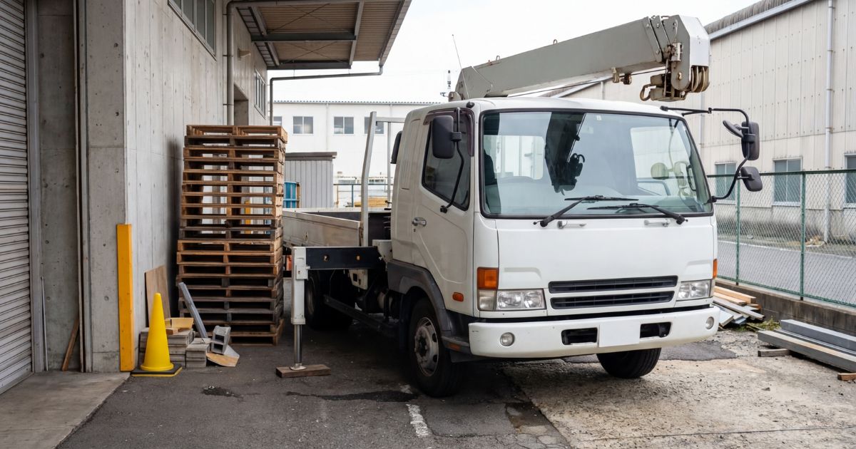 4tユニックの設置スペースと障害物の制約がある現場イメージ