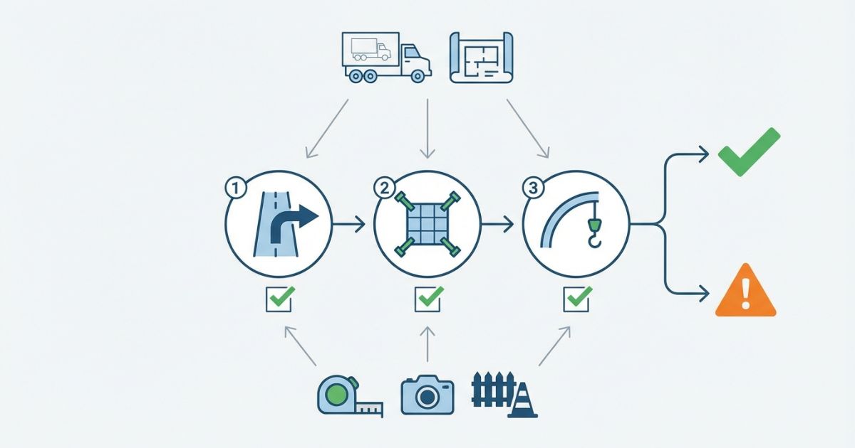 4tユニックの図面と現場条件を照合し進入→配置→能力の順で成立判定する判断軸の図解