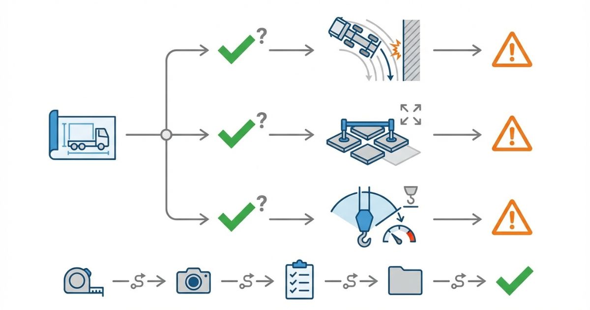  4tユニックの図面を一部だけ見て進入や敷板や作業半径で失敗する分岐と回避策を示す図解