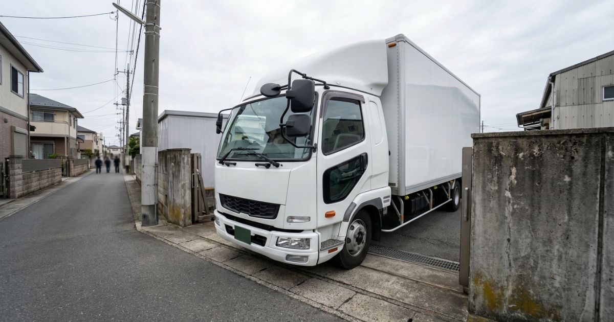 4tワイドの車幅が門型ゲート前で存在感として伝わる搬入イメージ