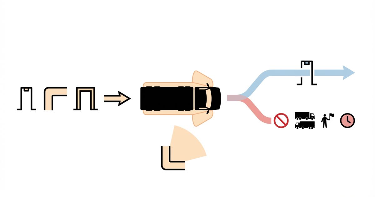 運用幅見落としと曲がり角の逃げ不足による失敗と代替案分岐を示す文字なし図解