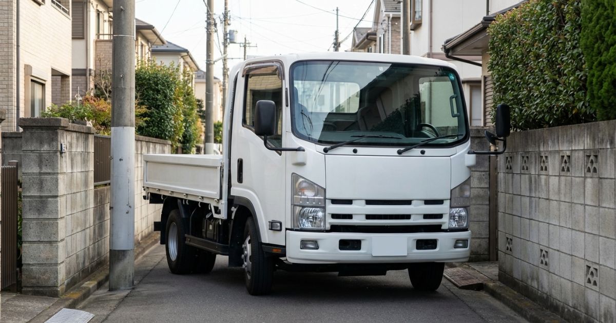 4tワイドトラックが狭い道路を通行する様子の写真
