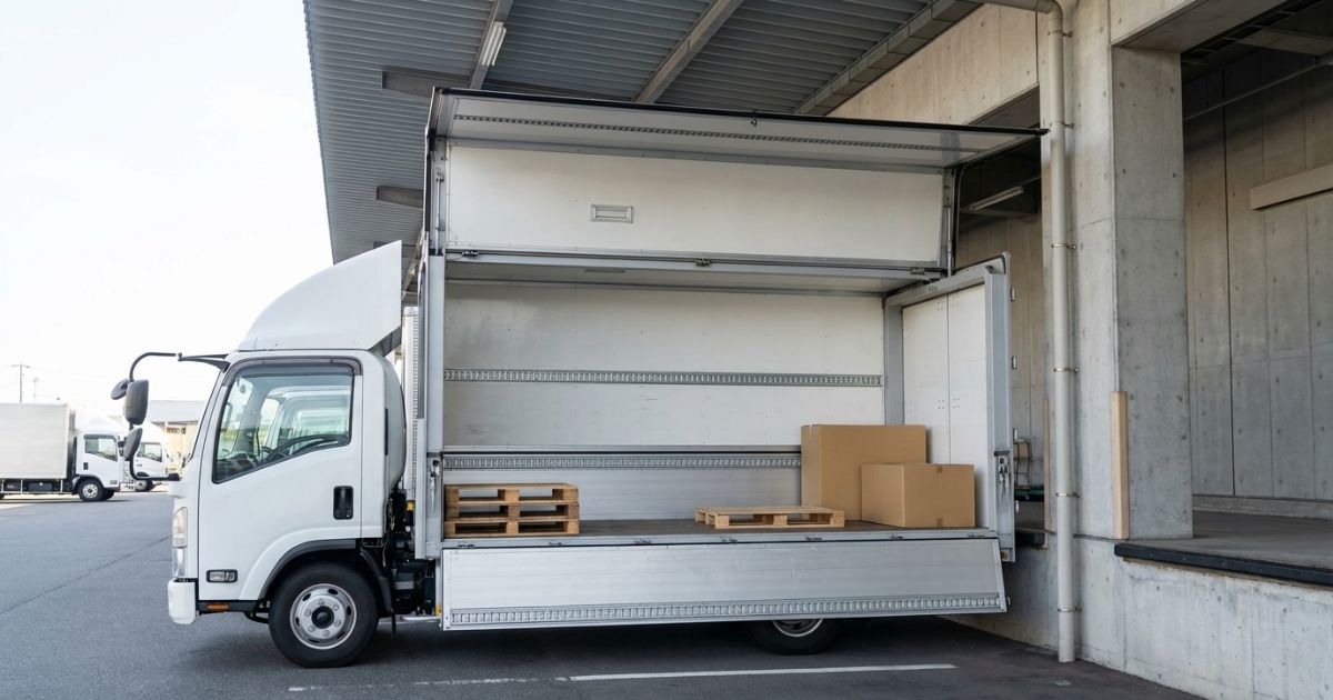 進入と接車と開閉と荷役の順で寸法図を確認する流れを文字なしで整理した図解