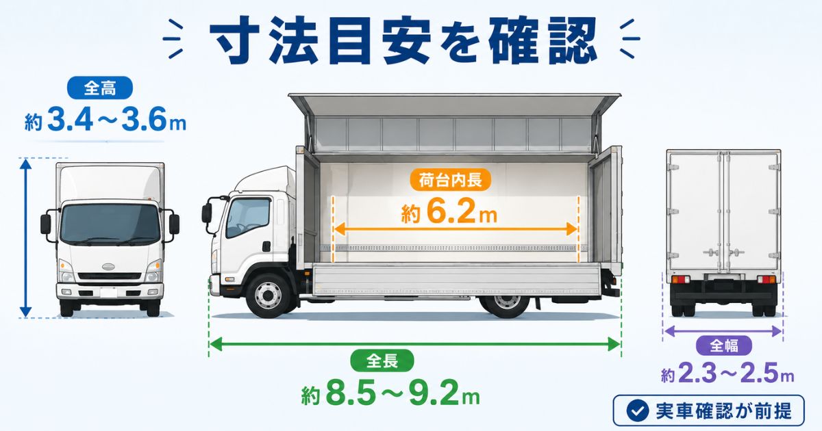 4tウイングの全長全幅全高と荷台内長の寸法目安を整理した図解