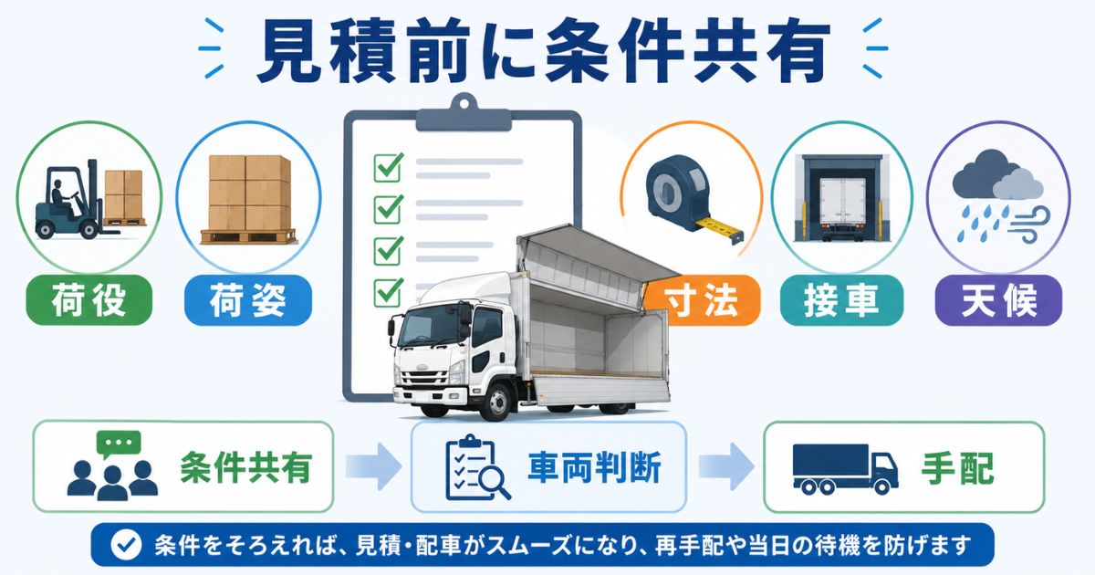 4tウイングの見積前に荷役方法や荷姿や寸法条件や接車条件を共有する流れを示した図解