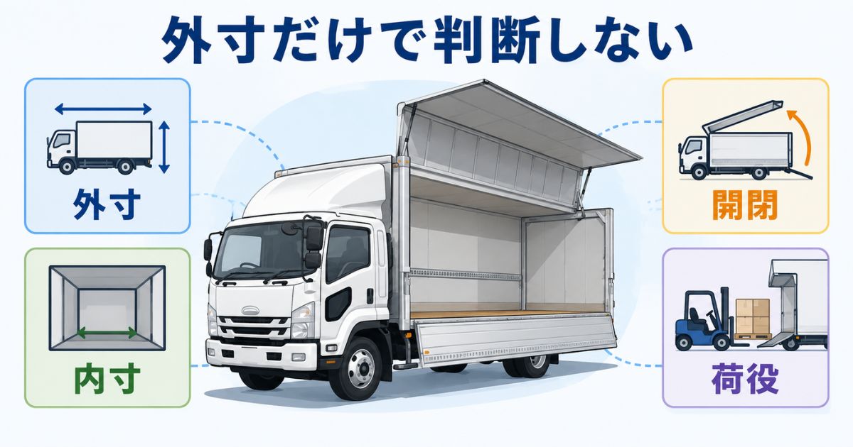 4tウイングの寸法図で外寸だけでなく内寸や開閉スペースや荷役動線を確認する流れを示した図解