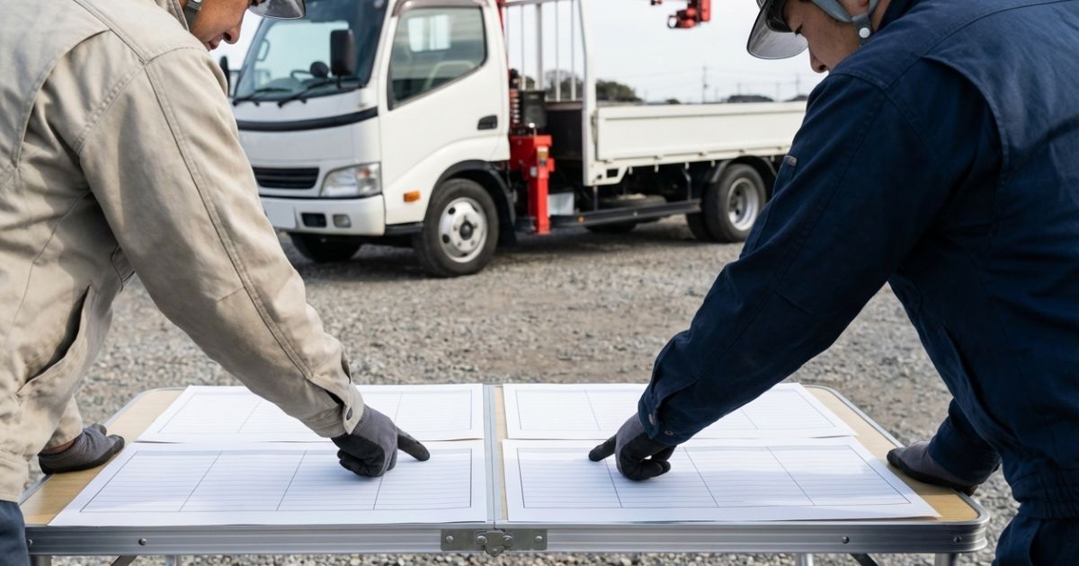 中古4tユニック車を比較検討し、購入可否を判断しているイメージ