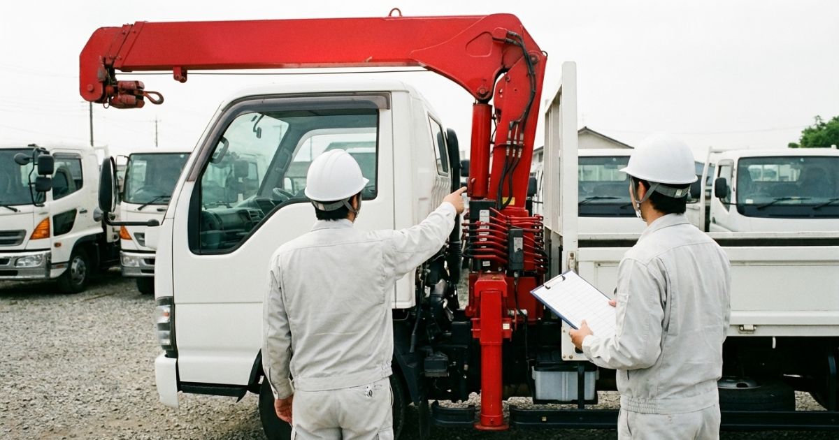 中古4tユニック車のクレーン装置や車両状態を現車確認している様子