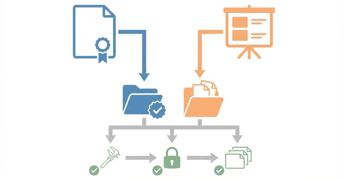  目的で公式CADと汎用CADを使い分け精度と利用条件で判断する軸を示す文字なし図解