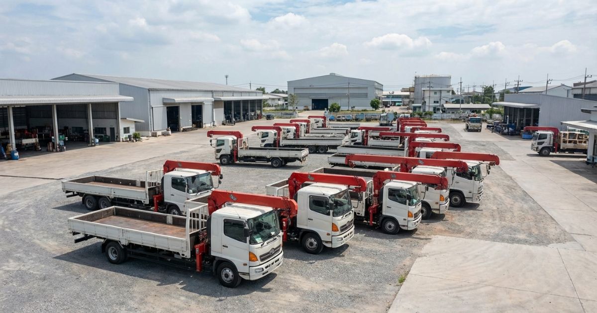 車載クレーンを備えたユニック車が並ぶ工場ヤードのイメージ