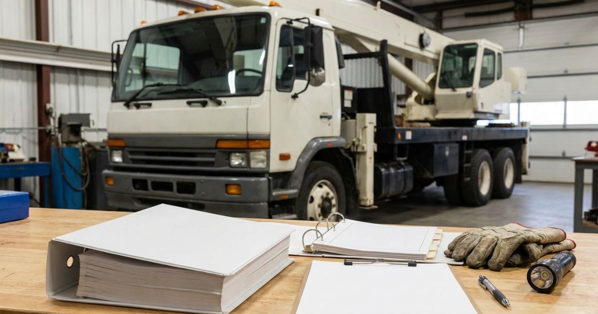 取扱説明書ファイルを用意してクレーン付きトラックの安全確認を始めるイメージ