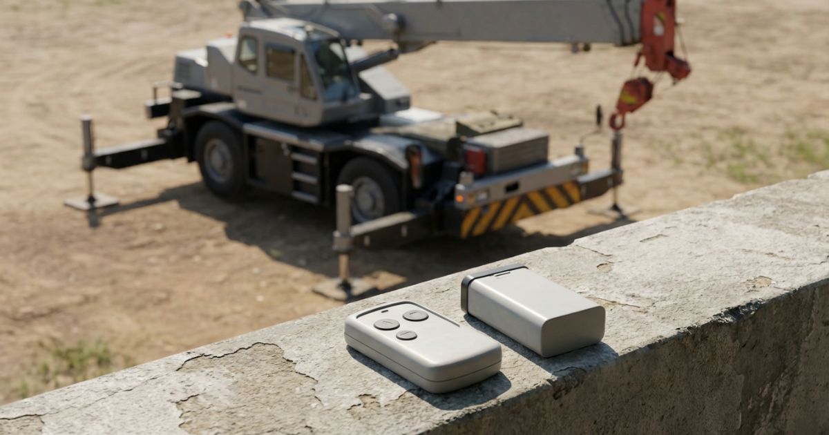 部品箱と汎用パーツを前にクレーン付きトラックの部品手配を進めるイメージ