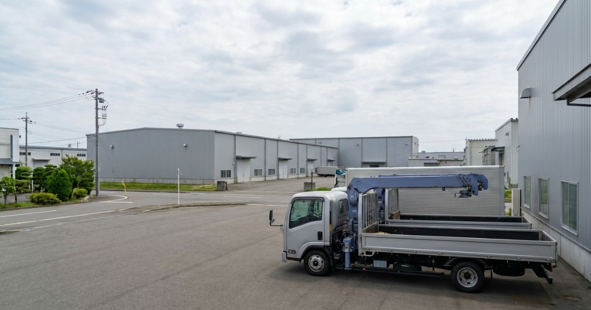 製造拠点の工場ヤードと車載クレーン搭載トラックのイメージ