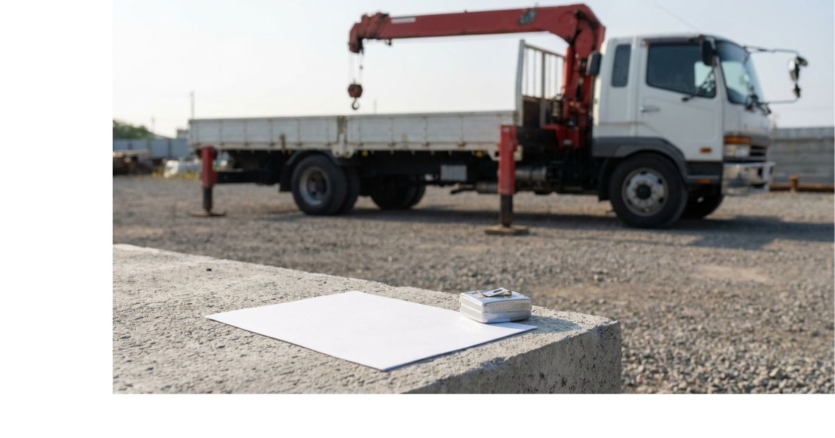 性能表の読み方を連想させる資料とユニック車の現場写真