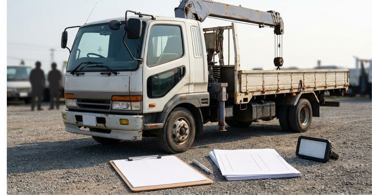 中古ユニック車を下見して条件確認しながら選ぶイメージ