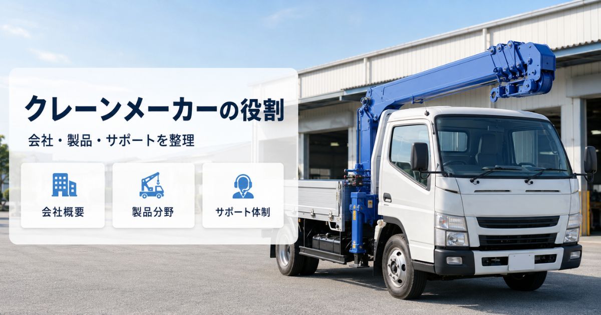 クレーン付きトラックと会社概要・製品分野・サポート体制の3項目でクレーンメーカーの役割を示した構成
