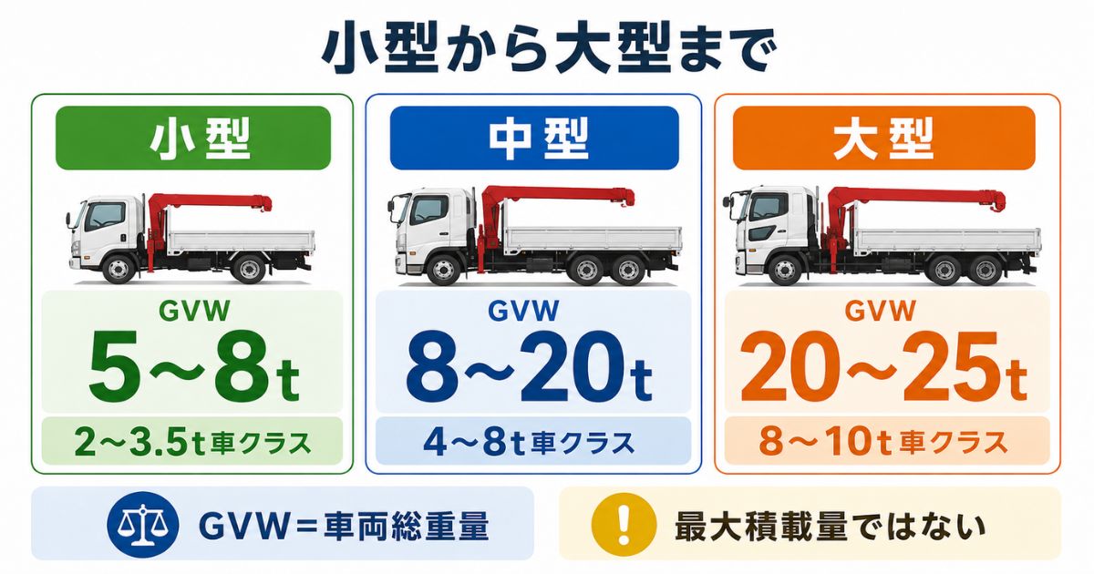 小型・中型・大型ユニッククレーンのGVW区分とトラッククラスを3つの数値カードで比較した図解