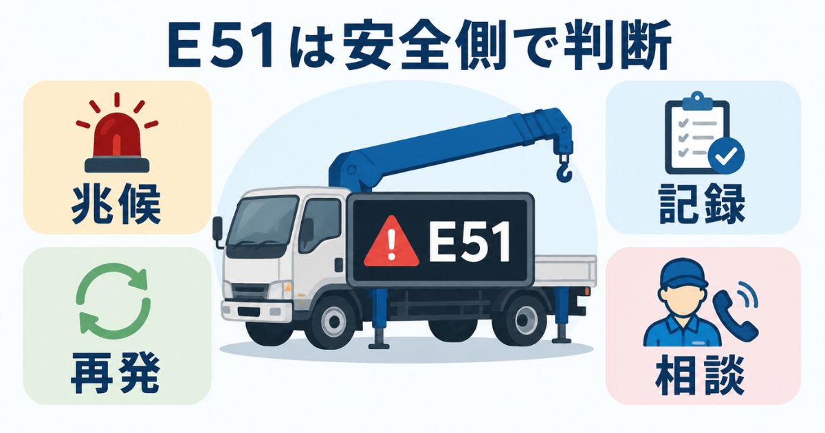 古河ユニックのエラーコード51は兆候再発記録相談で安全側に判断することを示す図解
