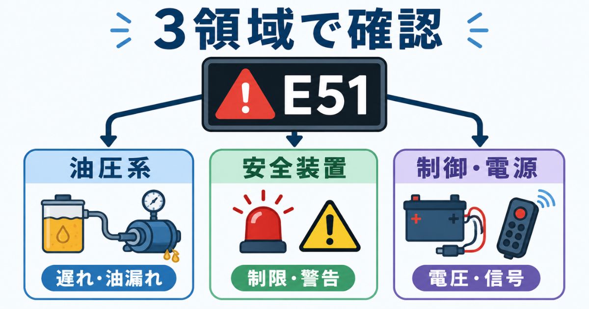 古河ユニックのエラーコード51を油圧系安全装置制御電源の3領域で確認する図解