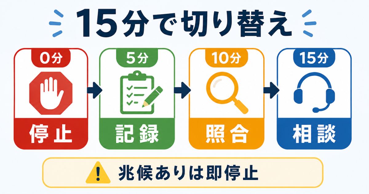 古河ユニックのエラーコード99で0分停止5分記録10分照合15分相談へ切り替える時間判断フロー図解