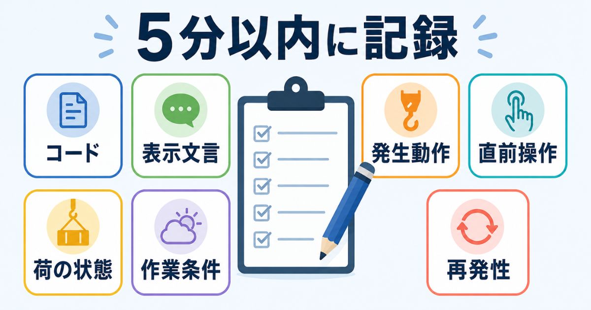 古河ユニックのエラーコード99で5分以内にコード表示文言発生動作直前操作荷の状態作業条件再発性を記録する図解