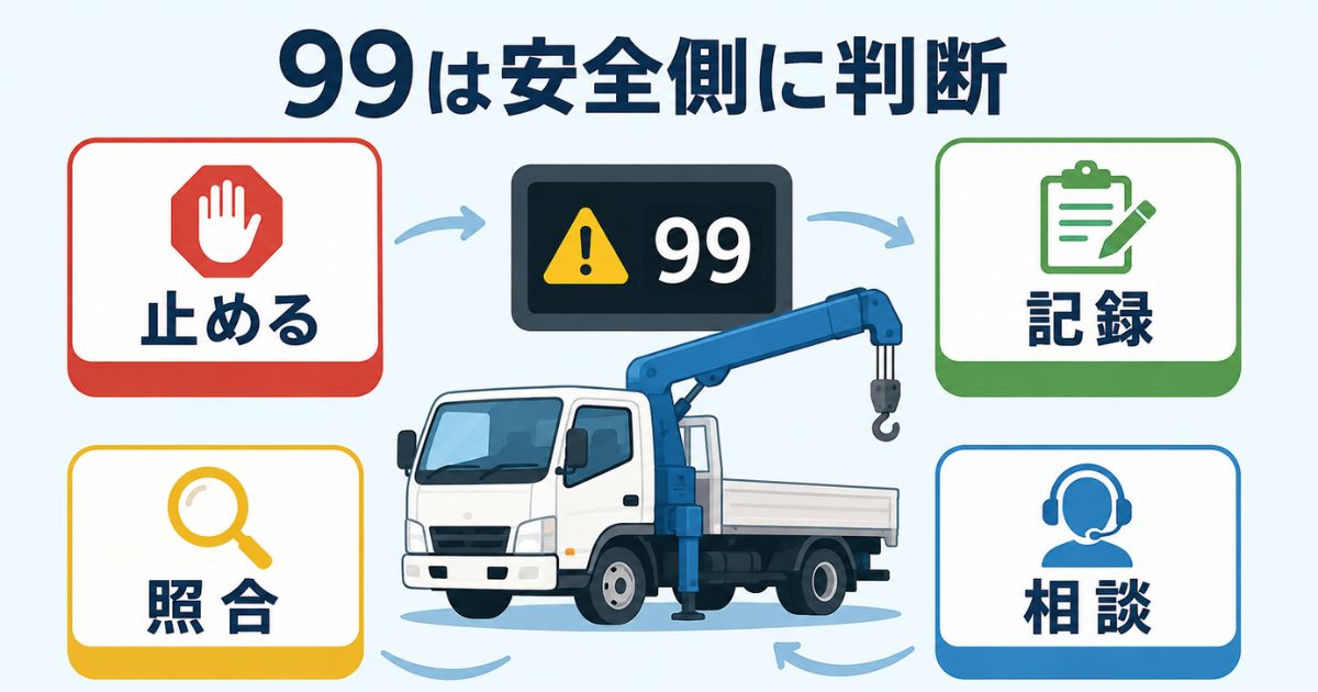 古河ユニックのエラーコード99は止める記録照合相談の順で安全側に判断することを示す図解