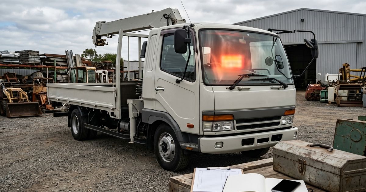 古河ユニックのエラー表示が出て作業を止め点検と記録をしているイメージ写真