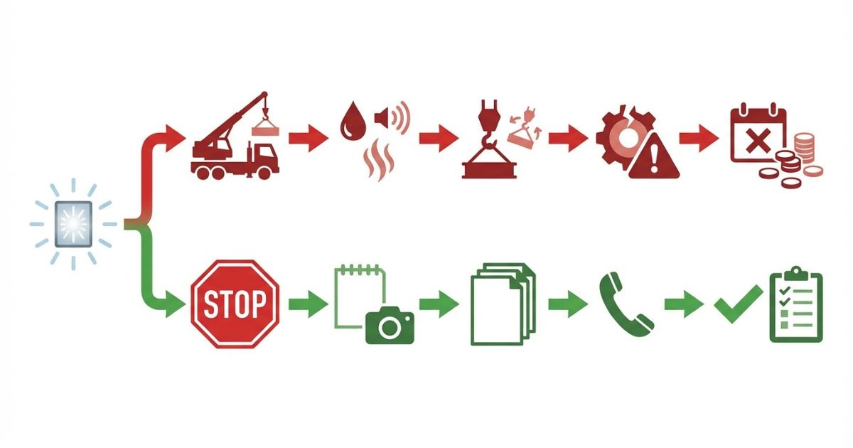 古河ユニックのエラーを軽視して継続や原因断定の場当たり対応をすると事故二次故障停止損失につながる失敗分岐の図解