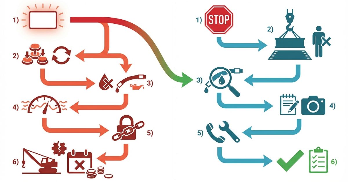 古河ユニックのエラーコード51で再操作連発や油のにじみ軽視で継続すると不安定化制限強化事故リスクにつながる失敗分岐の図解