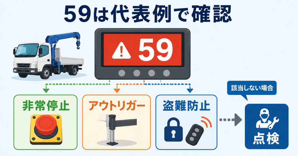古河ユニックのエラーコード59表示時に非常停止アウトリガー盗難防止を代表例として確認する図解