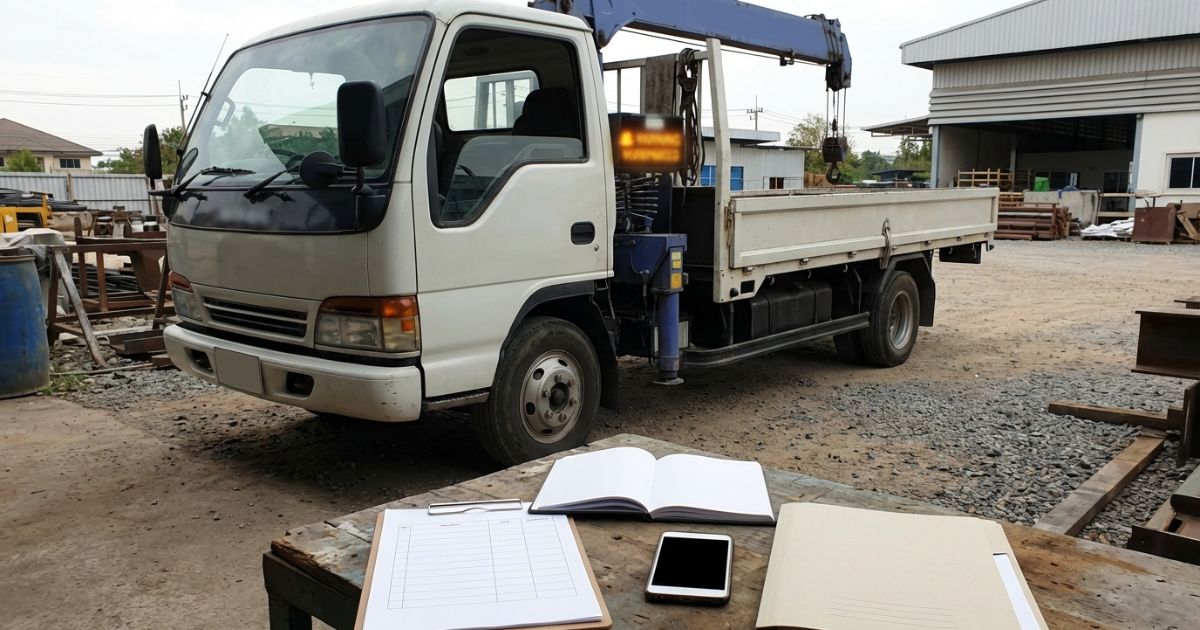 古河ユニックで警告表示が出て一旦停止し記録と説明書照合で復旧判断をしているイメージ写真