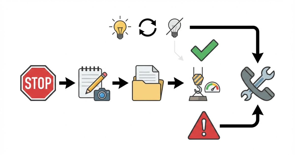 古河ユニックのエラーコード99は原因確定ではなく停止記録一次情報条件付き確認連絡の順で復旧判断する図解