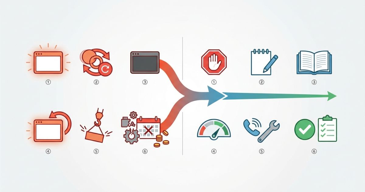 古河ユニックのエラーコード99で連続リセットや場当たり継続をすると再発二次故障停止損失につながる失敗分岐の図解