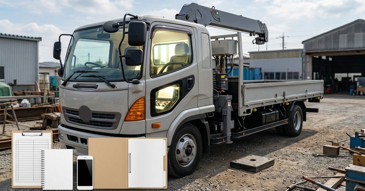 古河ユニックでE114の警告表示が出て作業を止め記録と一次情報照合で判断に切り替えるイメージ写真