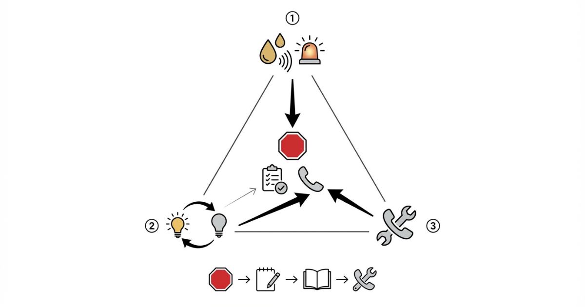 古河ユニックのエラーコードE114は原因確定ではなく兆候継続性専門対応前提の3軸で停止確認連絡を分ける判断軸の図解。
