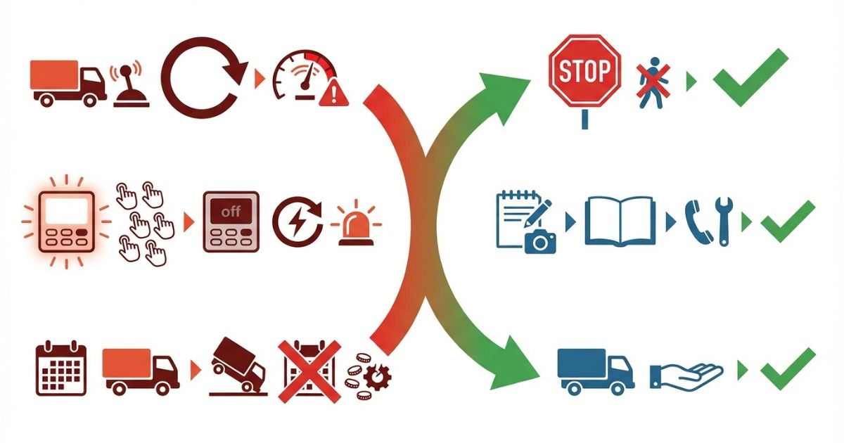 古河ユニックのE114で試しに動かす消えるまで再操作工程優先で続行すると危険増大と復旧遅延につながる失敗分岐の図解