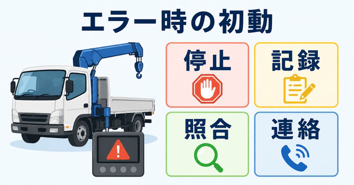 古河ユニックのエラー表示時に停止記録照合連絡の順で初動判断する図解