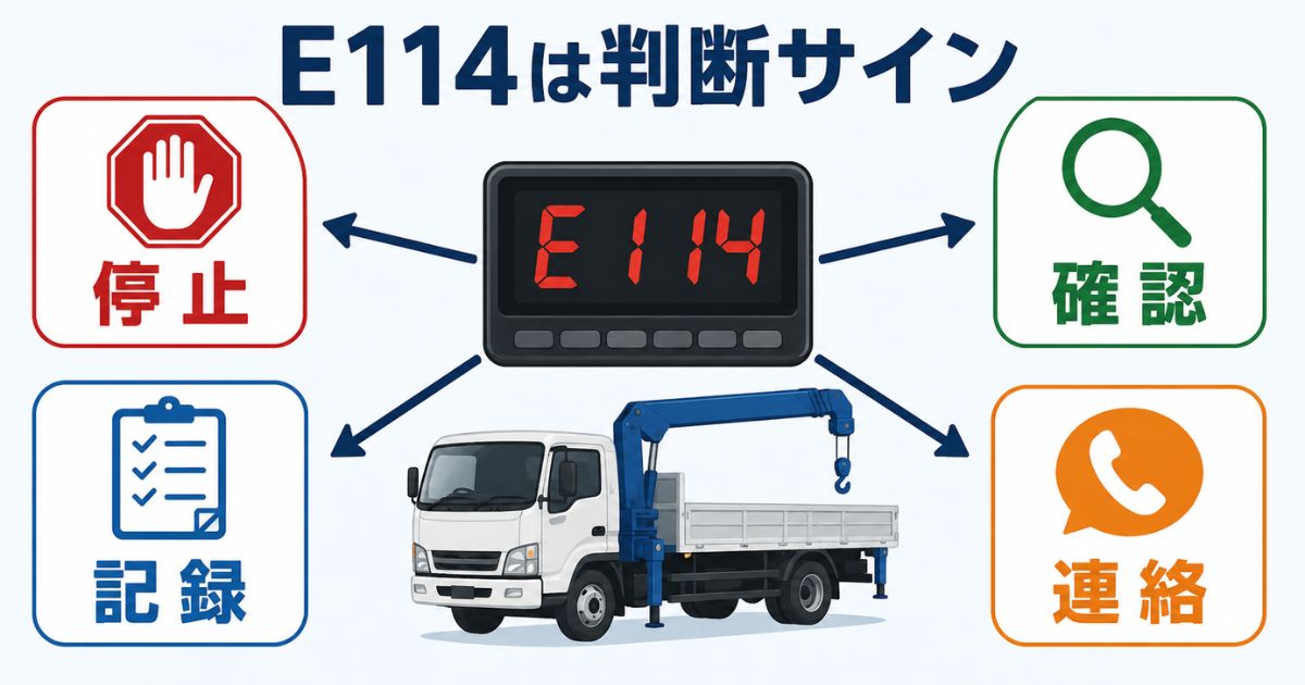 古河ユニックのエラーコードE114を故障名ではなく停止確認記録連絡へ切り替える判断サインとして整理した図解