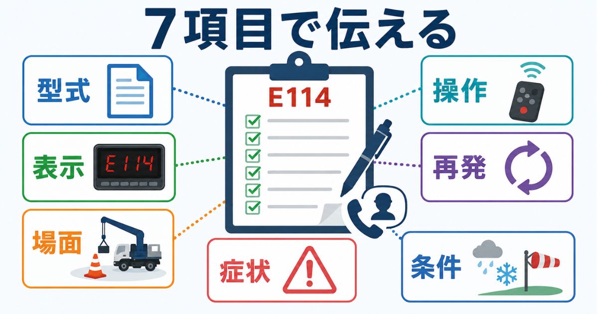 古河ユニックのE114で整備業者に伝える型式表示場面操作再発症状条件の7項目を整理した図解