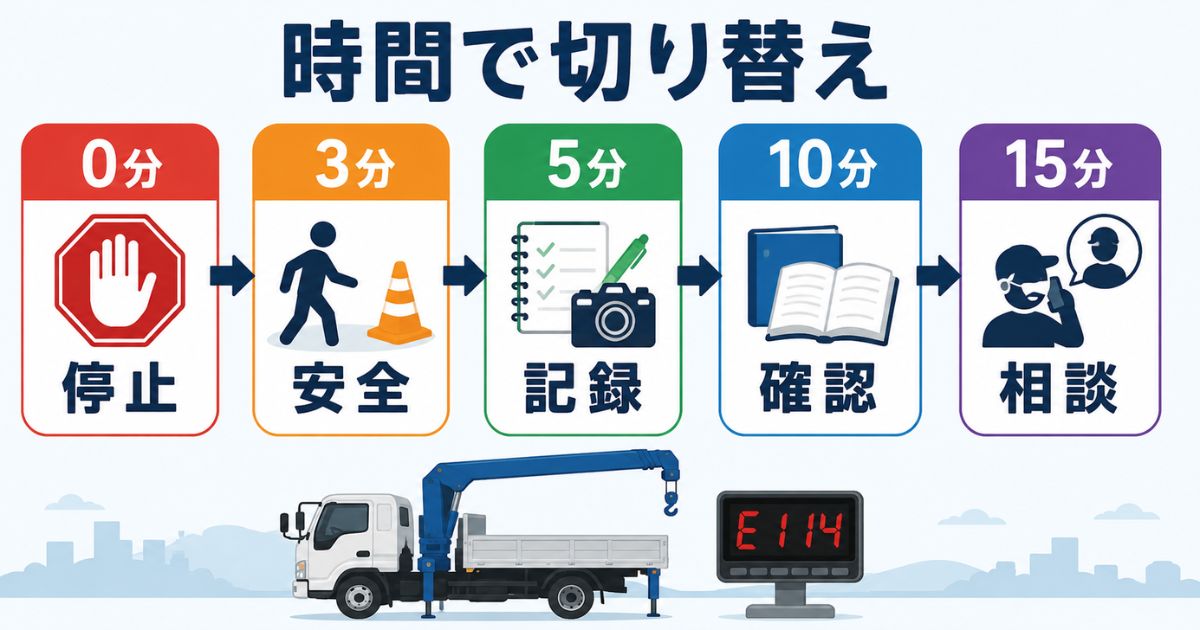 古河ユニックのE114表示後に0分停止3分安全5分記録10分確認15分相談へ切り替える時間判断フロー図解