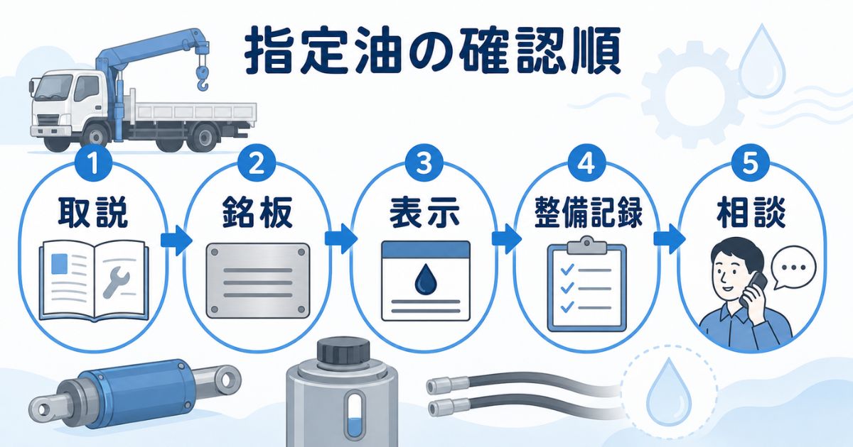 古河ユニックの作動油を取扱説明書、銘板、表示、整備記録、相談の順に確認する流れを示した図解