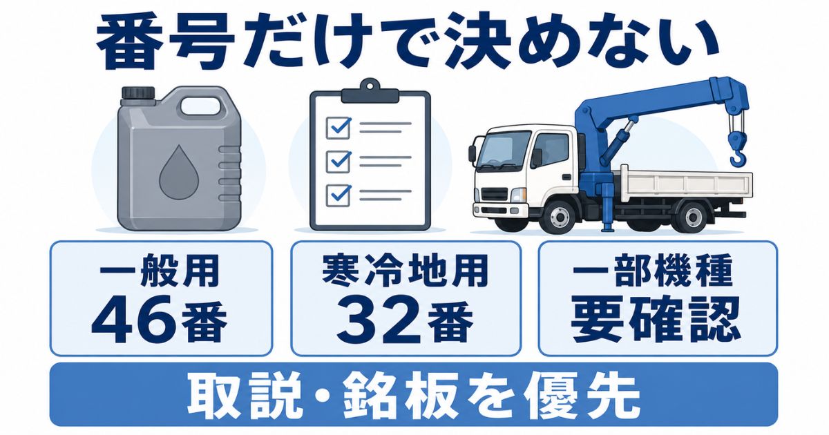 古河ユニックの作動油は一般用46番、寒冷地用32番を目安にしつつ取扱説明書と銘板で確認することを示した図解