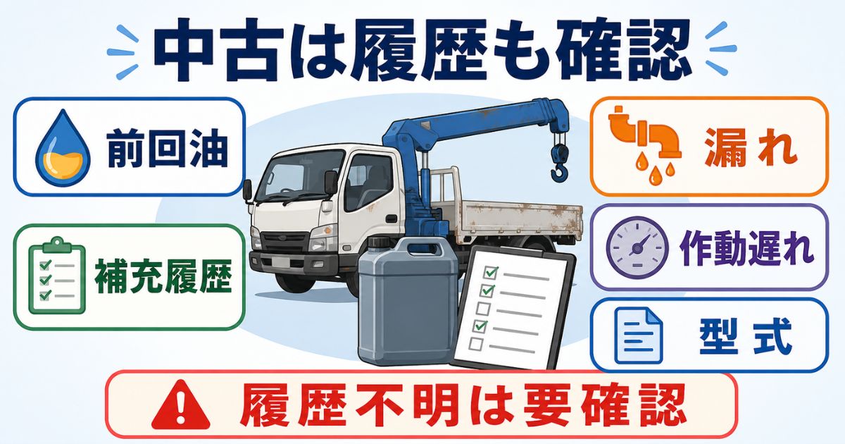 中古の古河ユニックで前回油、補充履歴、漏れ、作動遅れ、型式を確認するチェック図