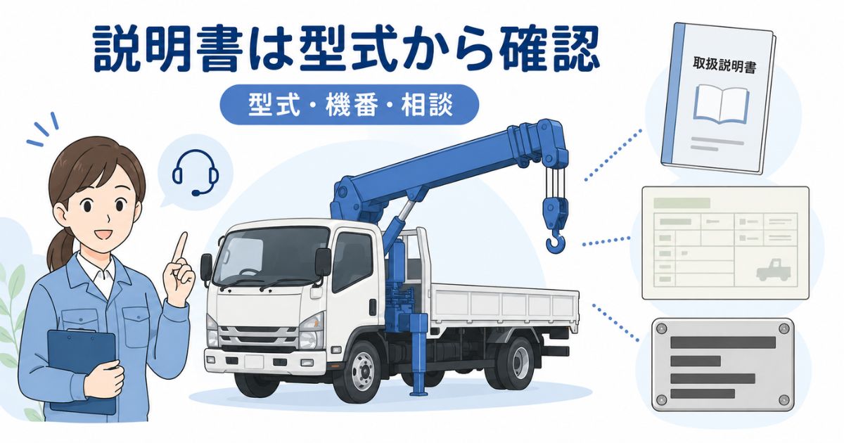 古河ユニックの取扱説明書を型式と機番から確認し不明点は相談する流れを示すアイキャッチ画像