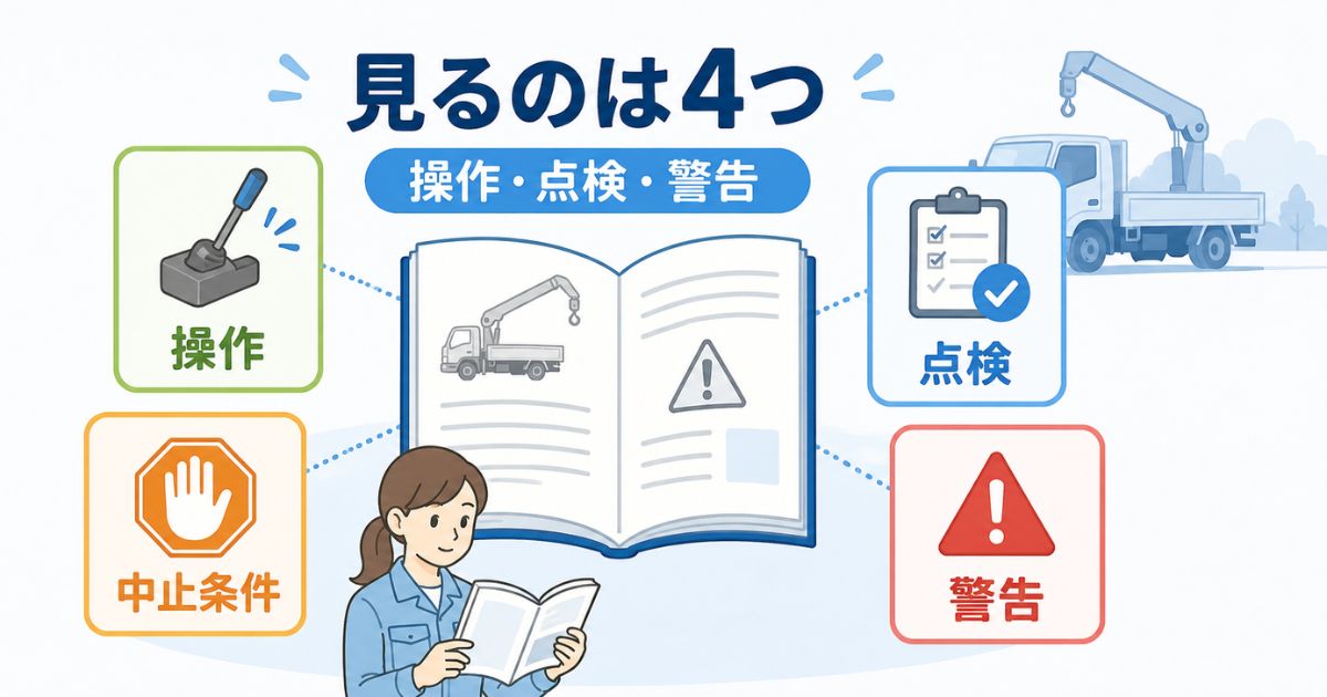古河ユニックの取扱説明書で操作中止条件点検警告の4項目を確認する図解
