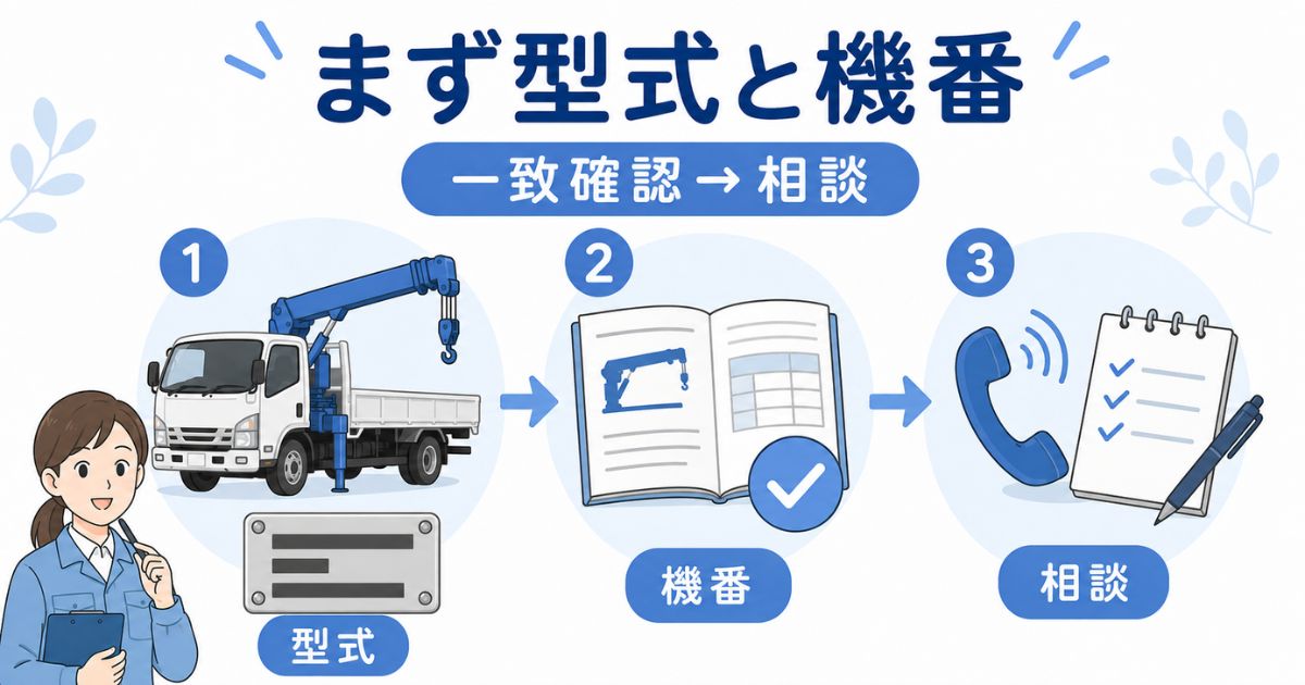 古河ユニックの型式と機番を確認して取扱説明書の一致を確認する流れ図