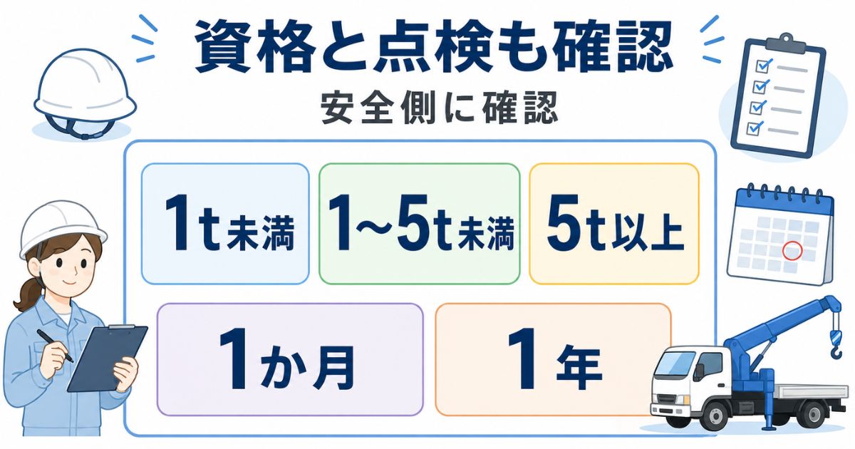 古河ユニックの作業前に資格区分と点検周期を確認する安全確認図解