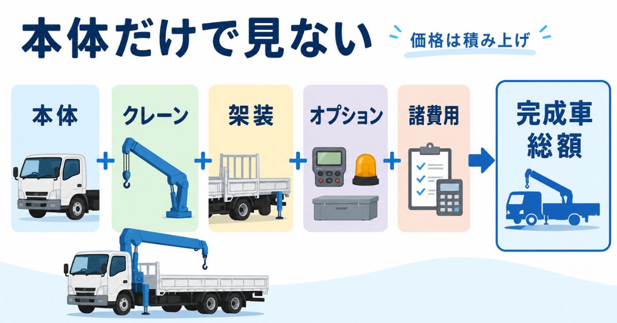 車両本体・クレーン・架装・オプション・諸費用に分けて新品価格の内訳を確認する図解