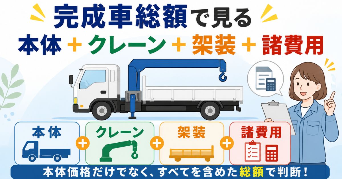 古河ユニックの新品価格は本体価格だけでなく完成車総額で確認することを示す図解